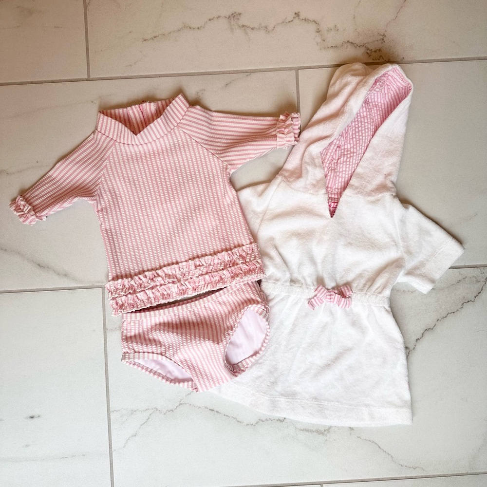 Ruffle Butts Pink Striped Baby Swimsuit and Coverup Set